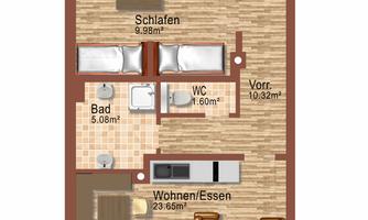 An apartment with two bedrooms, a living room, and a balcony. The rooms are clearly arranged and well labeled.