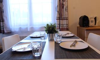 An inviting dining table set with dishes and glasses, decorated with a small plant. Windows with bright curtains create a friendly atmosphere.