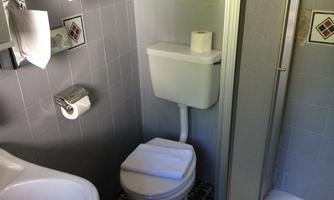 A small bathroom with a toilet, sink, and a shower. The walls are painted in a gray shade, and the furnishings are functional.