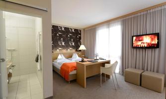 A modern hotel room with a double bed, desk, and television. There is a shower and large windows that let in plenty of daylight.