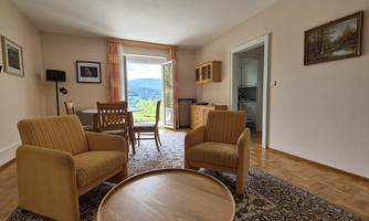 Cozy living room with two yellow armchairs and a round table. Through the open door, you can see the beautiful view of the mountains.