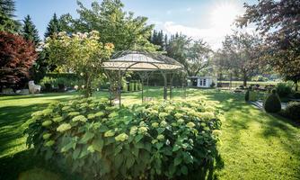 A beautiful garden with many plants and a gazebo in the middle. The sun shines through the trees, creating an inviting atmosphere.