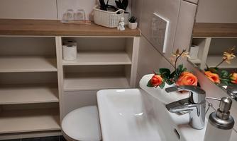 A modern bathroom with a sink, toilet, and practical shelves. The decoration includes fresh flowers and toiletries.