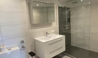 Bathroom with large shower and toilet