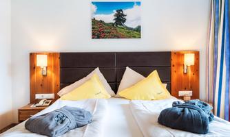 A cozy bedroom with a double bed and two pillows. A picture of a green landscape hangs on the wall.