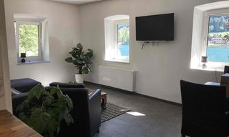 A bright living room with modern furniture and large windows. A plant and a television complete the cozy atmosphere.