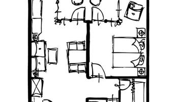 A simple sketch of an apartment floor plan with various rooms. The floor plan shows an open layout with kitchen, living room, and dining area.
