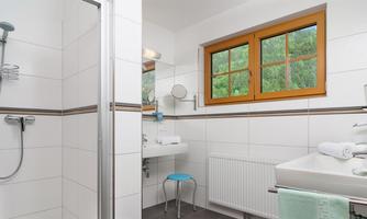 A modern bathroom with a shower and a sink. Large windows offer a view of the greenery.
