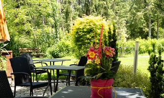A cozy outdoor area with tables and chairs. In the middle, there is a colorful flower pot on a table.