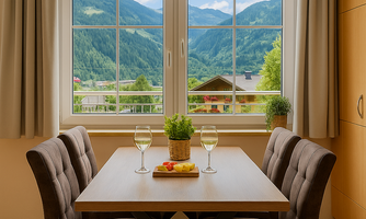 A cozy dining area with a table and two chairs. Through the windows, you can see the mountains and nature outside.