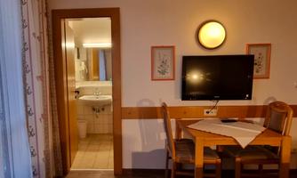A cozy living area with a table and chairs. In the background, a bathroom and a television on the wall can be seen.
