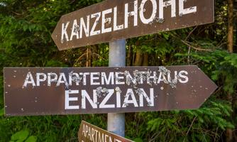 A signpost in the forest with directional indications to "Kanzelhöhe" and "Appartementshaus Enzian". The signs are made of wood and are partially weathered.