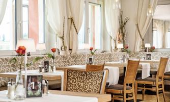 An elegant restaurant with bright curtains and neatly set tables. A rose is placed on each table, and the atmosphere is inviting.