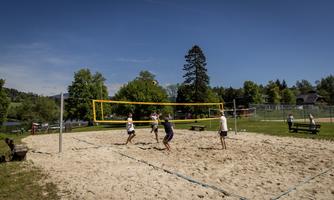 A sand volleyball court with several players actively playing. In the background, there are trees and a sports facility visible.