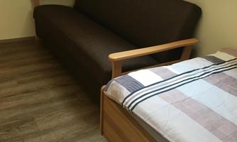 A cozy room with a sofa and a single bed. The floor is wooden and the light comes through a skylight.
