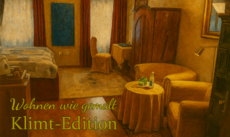 Stylized depiction of a double room with bed, seating area and table