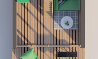 A modern apartment with wooden floors and green furniture. The rooms are bright and well structured.