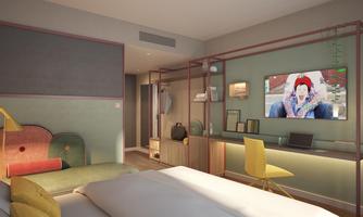 A modern hotel room with a double bed, a desk, and a TV on the wall. The walls are in soft colors, and there is stylish furniture.