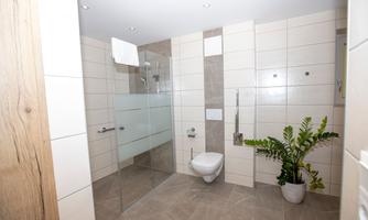 A modern bathroom with bright tiles and a large shower. A potted plant adds a touch of nature.