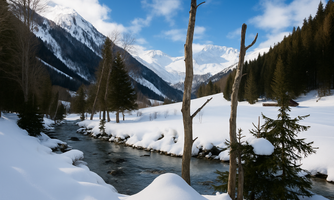 A picturesque winter landscape with snow-covered mountains and a clear river. Tall trees and a calm atmosphere characterize the scene.