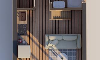 A modern layout of an apartment with one bedroom, living room, and dining area. The wooden floors create a warm atmosphere.