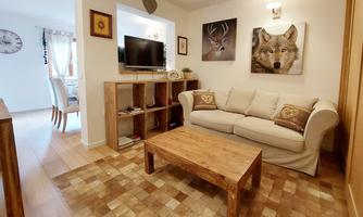 A cozy living room with a bright couch and a wooden table. Pictures of animals hang on the walls, and a television is on a shelf.
