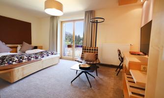A cozy hotel room with a double bed, a desk, and a balcony. Large windows offer a view of the nature outside.
