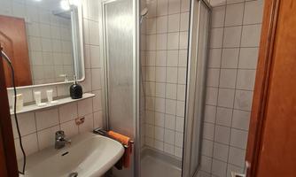 A small bathroom with a shower and a sink. The walls are tiled and the ceiling is made of wood.