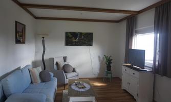 A cozy living space with a blue sofa and an armchair. There is a television, a small table, and a window with curtains.