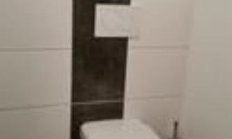 A simple bathroom with a modern toilet and a decorative wall design. The floor is covered with an elegant rug.