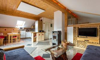 A cozy apartment with wood-paneled walls and a modern living area. The kitchen and living space are open plan, with plenty of natural light.