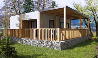 A modern house with a wooden porch and a garden. Trees and a green environment create a tranquil atmosphere.