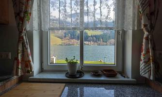 A cozy view from a window overlooking a lake and green meadows. In front of the window, there is a small plant on the windowsill.