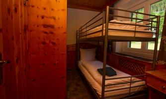 A cozy room with a bunk bed and wooden paneling. Large windows provide plenty of daylight.