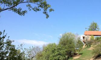 A picturesque hill with green trees and a beautiful view. In the background, there is a bright house with a red roof under a blue sky.