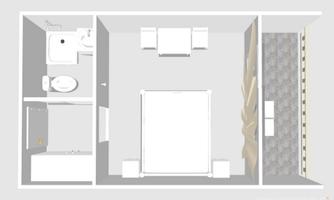 A floor plan of a room with a bathroom, a bed, and a table with chairs. The room is modern and well-structured.
