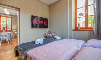 A cozy bedroom with a double bed and a large television displaying Netflix. The bright windows provide plenty of daylight and a pleasant atmosphere.