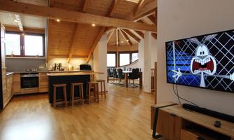 A modern furnished living room with an open kitchen. A cartoon character is visible on the TV.