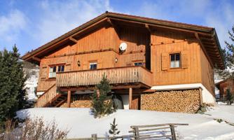 A cozy wooden house in the snow with a balcony and a stack of firewood underneath. Surrounded by fir trees and a clear sky.