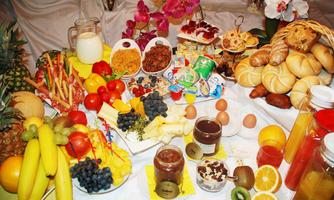 A rich buffet with fresh fruits, pastries, and various beverages. The colorful selection invites you to indulge and feast.