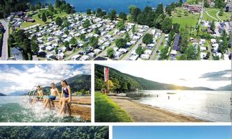 A beautiful campsite by the water with green forests and mountains in the background. Various activities for swimming and relaxing are visible.