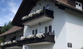 A pretty house with traditional balconies and flower boxes. The windows are bright and inviting, surrounded by green grass.