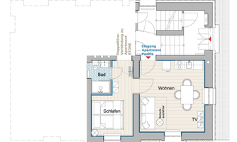 A floor plan of an apartment with one bedroom, bathroom, and a living area. The areas are clearly marked and well-structured.
