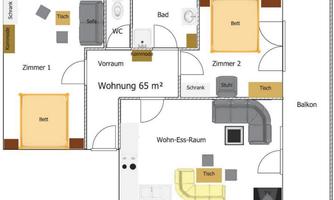 A floor plan of an apartment with an area of 65 m². The rooms include two bedrooms, a living and dining room, a bathroom, and a balcony.