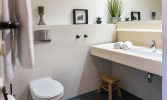 A modern bathroom with a clean white toilet and an elegant sink. Plants and pictures give the room a pleasant atmosphere.
