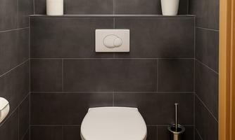 A modern bathroom with a white toilet and elegant gray tiles. On a shelf, there are plants and decorative elements.