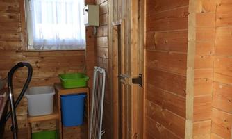 A small room with wooden walls, a window, and a door. There are some shelves with colorful containers and a vacuum cleaner.