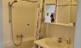 A modern bathroom with a shower and a bathtub. The space is bright and functional with a sink and a large mirror.