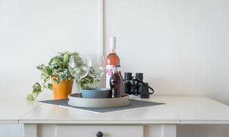 A stylish arrangement on a table with a glass, a bottle of rosé wine, and a small pot with a plant. In the background, a few binoculars can be seen.
