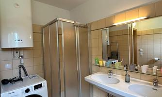 A modern bathroom with a shower, two sinks, and a washing machine. The walls are tiled in light colors and the space appears clean and tidy.